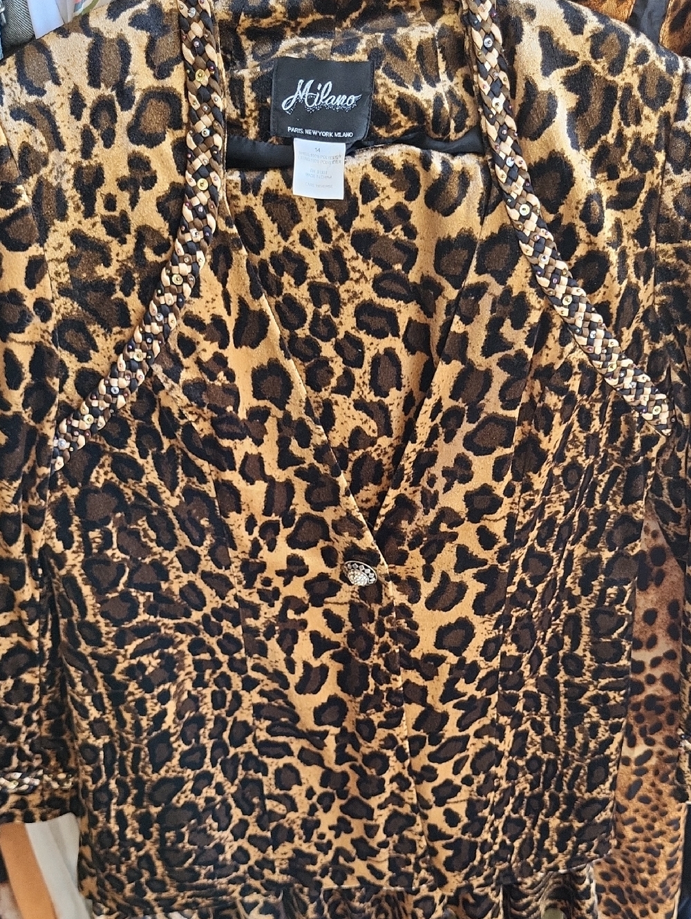 Milano Tan and Black Leopard-Print Blazer with Tulip Skirt Beaded Trim Velvet